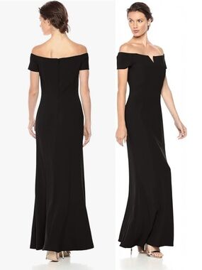 Calvin Klein Maxi Dress Off the Shoulder Center Notch Gown Black Formal 4